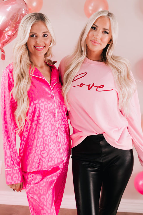Pink Love Glitter Pattern Print Crew Neck Sweatshirt